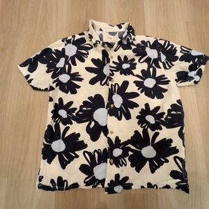 Folk Cotton Button Up Short Sleeve Shirt With Flowers Size S